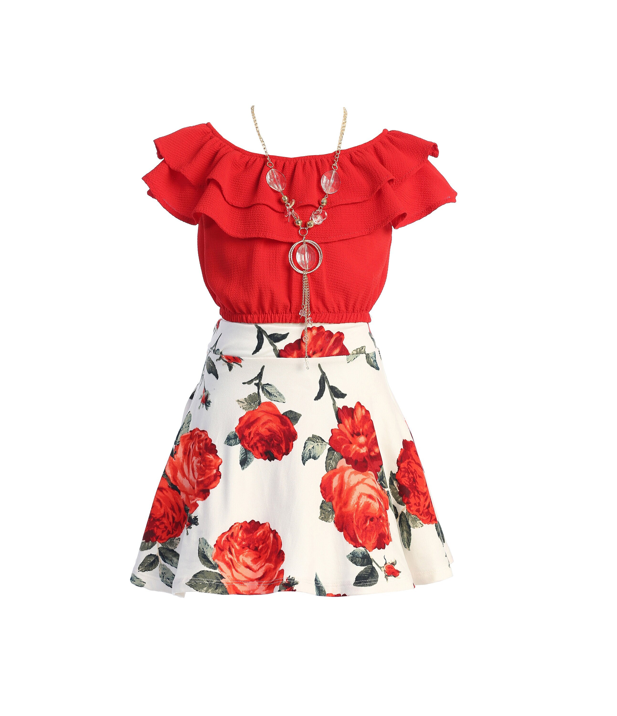 3 Pieces Girls Skirt Set Cold Shoulder Ruffle Crop Top Floral Skirt Party Clothing Dress Set Daily Outfit 4 14 Red White 4 14 Etsy