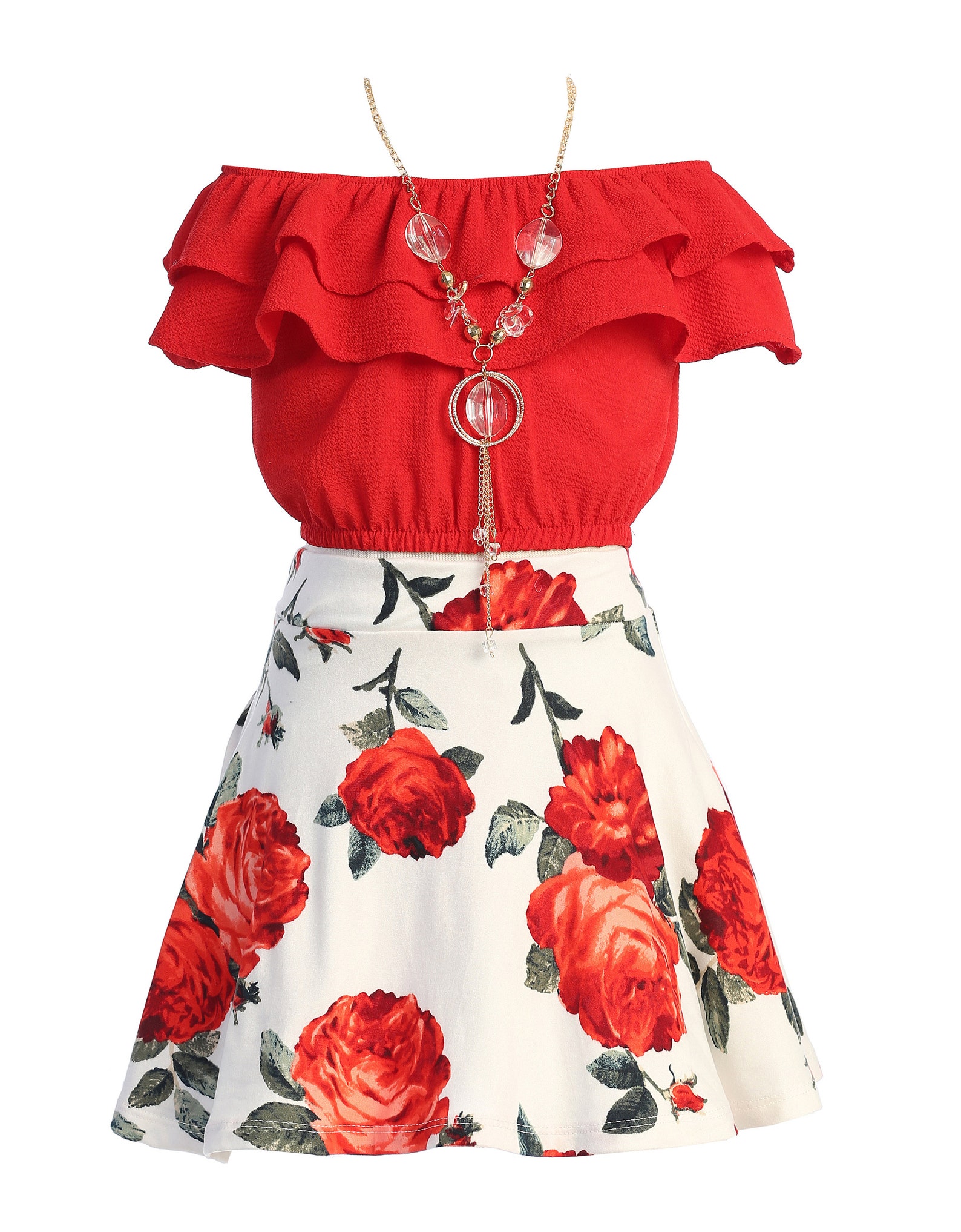 3 Pieces Girls Skirt Set Cold Shoulder Ruffle Crop Top Floral Skirt