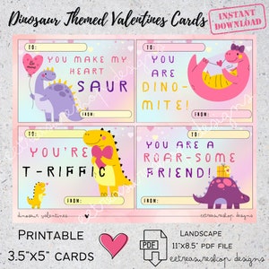 Valentines Day Printable, Dinosaur Themed Valentine Kids Cards, Cute Dinosaur PDF Digital Download, Printable Valentine for Kids
