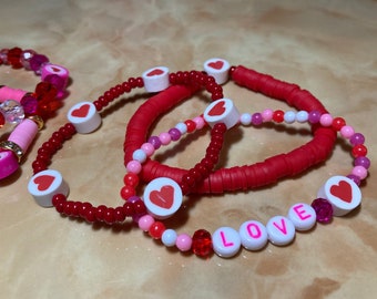 Handcrafted Beaded Valentines Day Bracelet, Heart Stretchy Stacking Jewelry