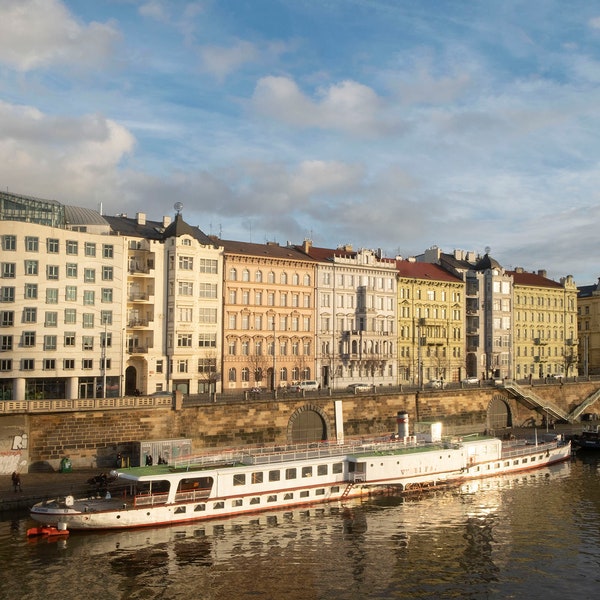 Riverfront colorful buildings,bridge over Vltava river,boats, Prague, Czech Republic, digital download