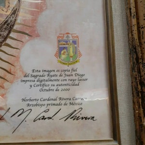 20 by 28 Litografia Virgen Maria de Guadalupe en el ayate de Juan Diego Certificada por el Cardenal Arzobispo Primado de Mexico imagem 6