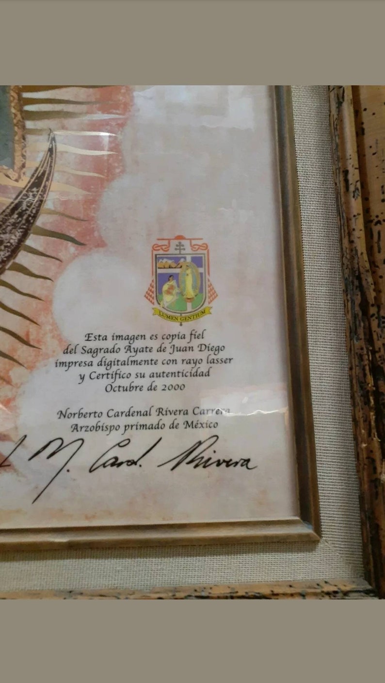 20 by 28 Litografia Virgen Maria de Guadalupe en el ayate de Juan Diego Certificada por el Cardenal Arzobispo Primado de Mexico image 6