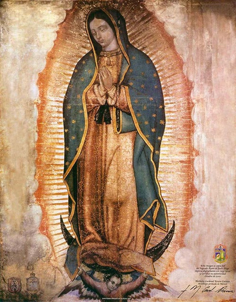 40 x 28. Virgen Maria de Guadalupe en el ayate de Juan Diego. Litografia Certificada por el Cardenal Arzobispo Primado de Mexico. Our Lady image 1