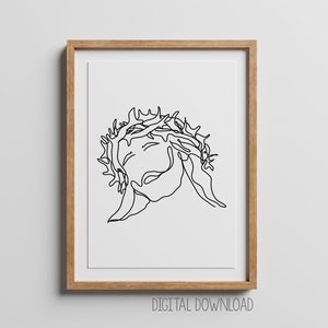 Jesus With Crown Of Thorns, Digital Download, Minimalist Line Art, Religious Drawing Print, Gift, God Wall Poster, Christian Decoration