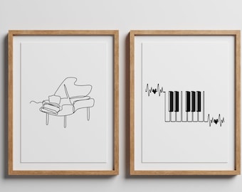 Minimalist music print, Piano Key poster, Set of 2 wall art, Music line art, Note printable, Single line, Digital, Instrument drawing gift