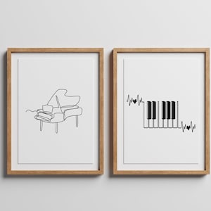 Minimalist music print, Piano Key poster, Set of 2 wall art, Music line art, Note printable, Single line, Digital, Instrument drawing gift