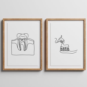 Dentist Gallery Set of 2 Drawing, Dental Office Decoration, Simple Print, Tooth Printable, Toothbrush Poster, Clinic Draw Digital Download