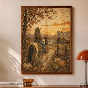 May include: A rectangular wall art print featuring a sepia-toned illustration of a rider on a horse on a dirt path. The scene includes a large tree, pumpkins in the foreground, a rustic barn with a windmill in the distance, and a sunset sky.