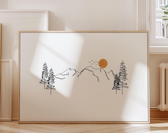 Minimalist Mountain Line Art, Printable Scenery Wall Art, Digital Download, Landscape Drawing Poster, Nature Decor Sunrise, Simple Sketch