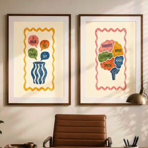 May include: Two framed wall art prints with cream backgrounds. The left print features a blue vase with speech bubbles labeled I HEAR, I SEE, I THINK, I SAY. The right print shows a brain graphic with sections labeled THOUGHTS, WORDS, LISTENING, SPEECH, MEMORY.