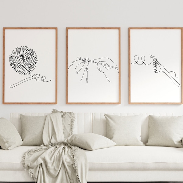 Minimalist Crochet Line art, Digital Download, Yarn Print, Needlework, Knitting Craft Room Decoration, Gallery Set of 3 Crocheting Drawing