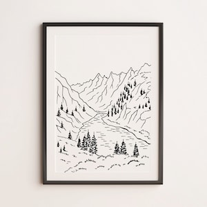 Minimalist Mountain Line art , Printable wall art, Digital Download, Landscape drawing poster, Nature Forest, Wood River Scenery Print Tree