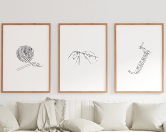 Minimalist Crochet Line art, Digital Download, Yarn Print, Needlework, Knitting Craft Room Decoration, Gallery Set of 3 Crocheting Drawing