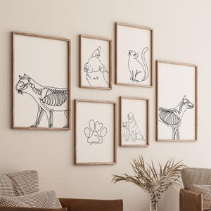 Könnte beinhalten: Eine Sammlung gerahmter Kunstdrucke mit Strichzeichnungen von Tieren, darunter eine Katze, ein Hund und ein Pfotenabdruck. Die Kunstwerke sind minimalistisch und konzentrieren sich auf das Skelett der Tiere. Die Rahmen sind hellbraun.
