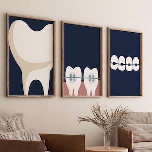 Retro Zahnarzt Galerie 3er Set Zeichnungen, Zahnarztpraxis Dekoration, Zahnheilkunde Druck, Zahnbürste Poster, Klinik Digitale Datei, Zahn, blau