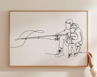 Minimalist Dad And Son Fishing Line Art Print, Fisherman Decoration Gift, Digital Download, Simple Fisherman Sketch, Printable Poster