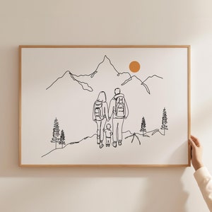 Minimalistisches Paar Wandern Linie Kunst, Familie Poster, Sport Druck, Wanderer Zeichnung, Raumdekoration, digitale Datei, druckbares Geschenk, Trek Hike Walk