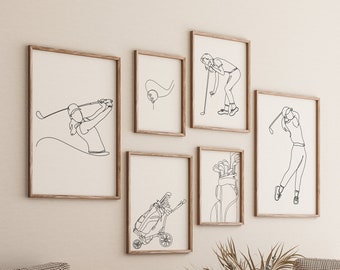 Golf Gallery Set of 6 Drawings, Minimalist Line Art Print, Woman Golfing Poster, Female Athlete Gift, Digital File, Gift, Ball Tee Sketch