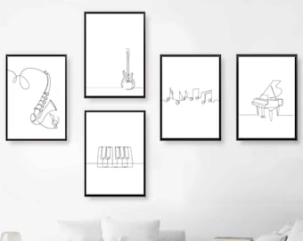 Minimalist music print, Piano poster, Guitar line art, Saxophone printable, Digital download note, Set of 5 musical art