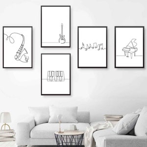 Minimalist music print, Piano poster, Guitar line art, Saxophone printable, Digital download note, Set of 5 musical art