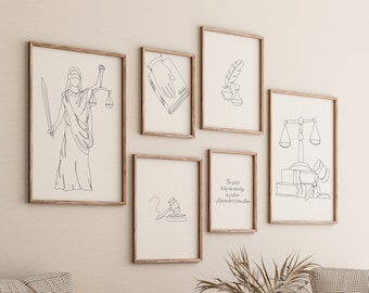 May include: Five black and white line art prints with legal themes. The prints feature a scale of justice, a gavel, a book, a quill pen, and a figure of justice holding a sword and scales. The prints are framed in natural wood frames and are hung on a white wall.