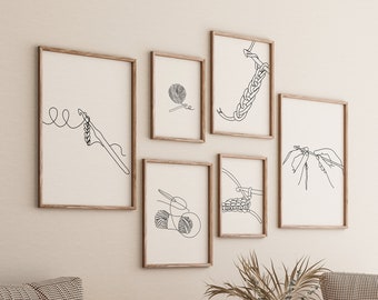 Knitting Gallery Set of 6 Drawing, Craft Room Decoration, Minimalist Line Art Print, Crochet Poster, Digital File, Yarn Print, Needlework