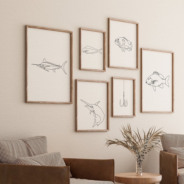 Saltwater Fish Gallery Set of 6 Drawings, Minimalist Line Art Print, Fishing Poster, Dad Gift, Digital File, Fisher Decor, Hook Wall Art