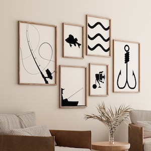 Fishing Gallery Set of 6 Drawings, Minimalist Print, Fish Rod Poster, Dad Gift, Digital File, Fisher Decoration, Hook Wall Art, Black White