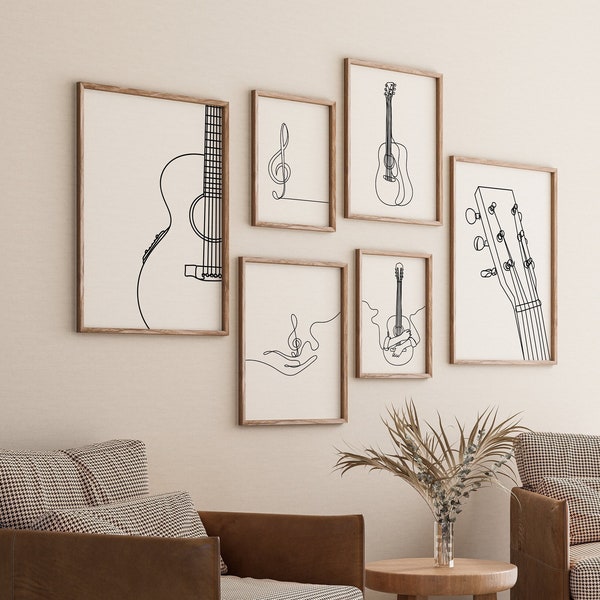 Guitar Poster, Music Gallery Set of 6 Drawings, Room Decoration, Minimalist Line Art Print, Stringed Instrument, Digital Download, Note Gift