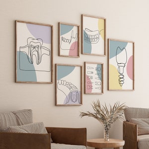 Zahnarzt Galerie Set mit 6 Zeichnungen, Zahnarztpraxis Dekoration, Minimalistische Linie Kunstdruck, Zahnbürste Poster, Klinik Zeichnen Digitale Datei, Zahn
