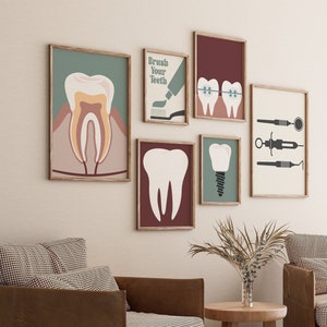 Retro Zahnarzt Galerie Set mit 6 Zeichnungen, Zahnarztpraxis Dekoration, Zahnmedizin Druck, Zahnbürste Poster, Klinik Digitale Datei, Zahn, Zahnseide