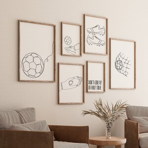 Soccer Gallery Set of 6 Drawing, Gym Room Decoration, Minimalist Line Art Print, Sport Poster, Digital File, Football Gift, Goal Ball Cleats