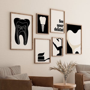 Tandartsgalerij Set van 6 tekeningen, tandartspraktijkdecoratie, tandheelkundeprint, poster tandenborstel, digitaal bestand kliniek, tand, zwart-wit