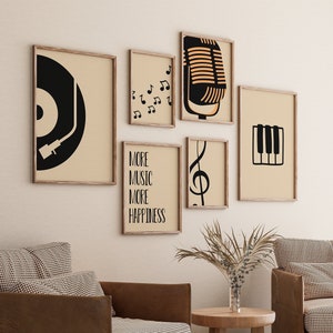 Retro Music Wall Art Gallery, Groovy Set 6, Turntable Poster, Piano Keys Print, Room Decoration, Digital File, Note Drawing, Microphone Gift