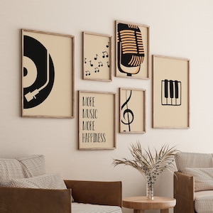 Retro Music Wall Art Gallery, Groovy Set 6, Turntable Poster, Piano Keys Print, Room Decoration, Digital File, Note Drawing, Microphone Gift