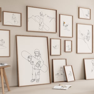 Galerie de snowboard Ensemble de 15 dessins, impression d’art au trait minimaliste, affiche de snowboarder, cadeau d’athlète, cadeau de fichier numérique de ski, croquis déchiqueté