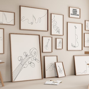 Music Gallery Set of 15 Drawings, Violin Decoration, Minimalist Line Art Print, Cello Instrument, Stringed, Digital Download, Note, Gift
