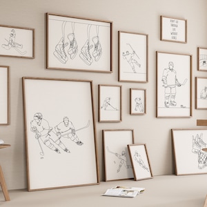 Eishockey Line Art Gallery Set von 15 Zeichnung, Torhüterspieler, Minimalistischer Druck, Athleten Poster, Digitale Datei, Sport Geschenk, Schlittschuhlaufen