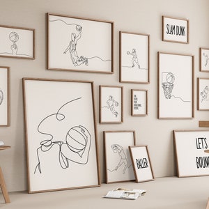 Basketball Gallery Set of 15 Drawings, Minimalist Line Art Print, Sport Poster, Athlete Gift, Digital File, Ball Player Sketch, Slam Dunk