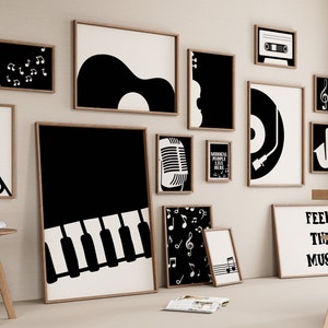 Music Gallery Set von 15 Zeichnungen, Klavier Druck, Gitarre Poster, Musikalisches Geschenk, Digitale Datei, Saxophon Skizze, Trompete, Schwarze Noten, Geige
