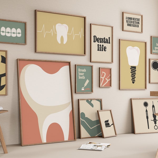Ensemble de 15 dessins de galerie de dentiste rétro, décoration de cabinet dentaire, impression d'art dentaire, affiche de brosse à dents, fichier numérique de clinique, dent, fil dentaire