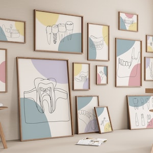 Zahnarzt Galerie Set mit 15 Zeichnungen, Zahnarztpraxis Dekoration, Minimalistische Linie Kunstdruck, Zahnbürste Poster, Klinik Zeichnen, Digitale Datei, Zahn