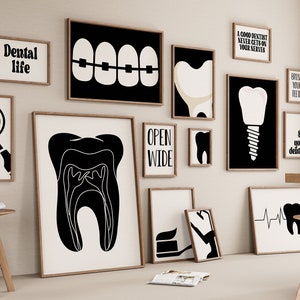 Dentist Gallery Set of 15 Drawings, Dental Office Decoration, Dentistry Print, Toothbrush Poster, Clinic Digital File, Tooth, Black White