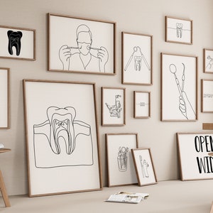 Zahnarzt Galerie Set mit 15 Zeichnungen, Zahnarztpraxis Dekoration, Minimalistische Linie Kunstdruck, Zahnbürste Poster, Klinik Zeichnen Digitale Datei, Zahn