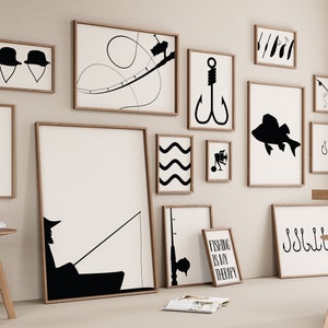 Fishing Gallery Set of 15 Drawings, Minimalist Print, Fish Rod Poster, Dad Gift, Digital File, Fisher Decoration, Hook Wall Art, Black White