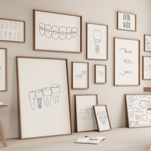 Zahnarzt Galerie Set mit 15 Zeichnungen, Zahnarztpraxis Dekoration, Minimalistische Linie Kunstdruck, Zahnbürste Poster, Klinik Zeichnen Digitale Datei, Zahn