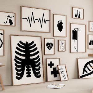 Medische galerij set van 15 tekeningen, minimalistische print, poster gezondheidszorg, cadeau, digitaal bestand, kliniekdecoratie, hartmuurkunst, stethoscoop