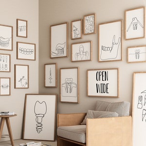 Zahnarzt Galerie Set mit 18 Zeichnungen, Zahnarztpraxis Dekoration, Minimalistische Linie Kunstdruck, Zahnbürste Poster, Klinik Zeichnen Digitale Datei, Bundle