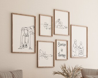 Könnte beinhalten: Eine Sammlung gerahmter Kunstdrucke mit minimalistischen Strichzeichnungen, die Menschen beim Training und bei der Therapie zeigen. Ein Druck enthält den Text „Exercise is therapy“. Die Rahmen sind hellbraun, und die Kunst wird an einer neutralen Wand gezeigt.